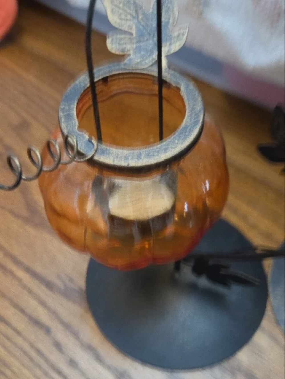Pier 1 Amber Glass Pumpkin Tea Light Holders with Black Leaf Stands, Pair